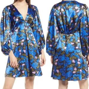 Vero Moda Floral Satin Mini Dress Balloon Sleeve Blue Pink M